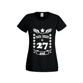 Tricou dama personalizat Fruit of the loom negru Viata incepe la 27 ani L