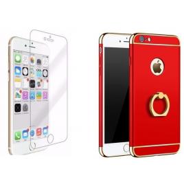 Pachet husa Apple iPhone 7+ Luxury Red Plated cu Inel de sustinere si folie de sticla gratis