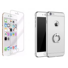 Pachet husa Apple iPhone 7+ Luxury Silver Plated cu Inel de sustinere si folie de sticla gratis