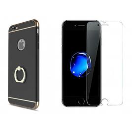Pachet husa de protectie pentru iPhone 7 Luxury Black Plated cu Inel de sustinere si folie gratis