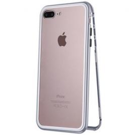 Carcasa iPhone 7 Plus Silver Metalica & Magnetica cu spate de sticla securizata + folie de sticla pentru ecran