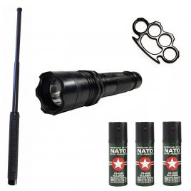 KIT BTG-147 autoaparare (2in1 Electrosoc+Lanterna ) Baston telescopic Police 50 cm +3 Spray Nato Paralizant + Box metalic Negru