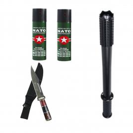 Pachet autoaparare Baston cu Electrosoc H-1118B, Cutit de vanatoare tip baioneta Rambo I si 2 Spray-uri Nato