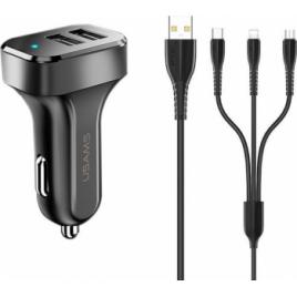 Incarcator Auto Usams C13 2x Usb 2.1a Cu Cablu 3 In 1 microusb/lightning/type-c Negru - Ntu35ytsc13tz