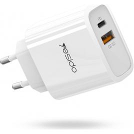 Incarcator retea Fast Charge Yesido Explore Type-C PD + USB QuickCharge 3.0 18W White