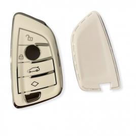 Husa cheie smartkey bmw 3/4 butoane seria g tpu+pc alba cu contur crom