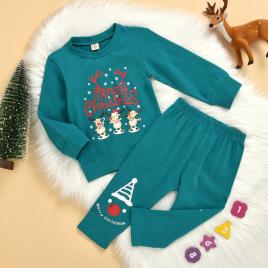 Pijama turqoise pentru copii - merry christmas (marime disponibila: 9-12 luni
