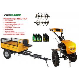 Set motocultor Progarden Campo 1853, 18 CP, latime de lucru 162 cm, benzina, EURO5, 18CP, 2+1 trepte, remorca 500kg, ulei motor si transmisie incluse