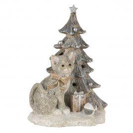 Decoratiune brad si pisica din polirasina argintie cu led 12x9x16 cm