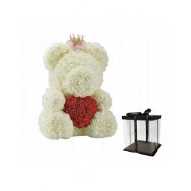 Ursulet floral big 40 cm deluxe queen alb cu inimioara rosie cu coronita + cutie de cadou maniamagic