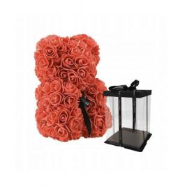 Ursulet floral big 40 cm deluxe rosu cu fundita + cutie de cadou maniamagic