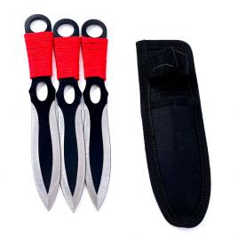 Set 3 Cutite de aruncat tip kunai, 19 cm, cu snur rosu si maner cu inel, husa prindere curea