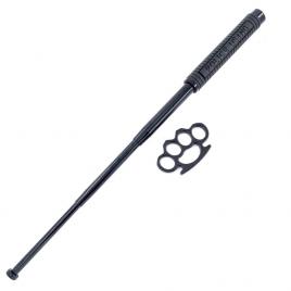 Set autoaparare format din baston telescopic profesional Police 65 cm cu 4 segmente, maner de cauciuc si pumnal tip box, 1 cm grosime, negru