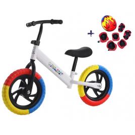 Bicicleta de echilibru fara pedale, Bicicleta incepatori pentru copii intre 2 si 5 ani, Alba cu roti in 3 culori + Set de protecție copii, Format din casca, 2x apărători genunchi, 2x aparatori coate și 2x apărători maini