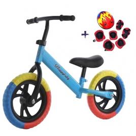 Bicicleta de echilibru fara pedale, Bicicleta incepatori pentru copii intre 2 si 5 ani, Albastra cu roti in 3 culori + Set de protecție copii, Format din casca , 2x apărători genunchi, 2x aparatori coate și 2x apărători maini