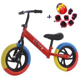 Bicicleta de echilibru fara pedale, Bicicleta incepatori pentru copii intre 2 si 5 ani, Rosie cu roti in 3 culori + Set de protecție copii, Format din casca , 2x apărători genunchi, 2x aparatori coate și 2x apărători maini