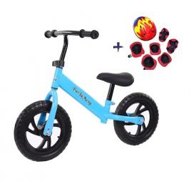 Bicicleta de echilibru pentru incepatori, Bicicleta fara pedale pentru copii intre 2 si 5 ani, Albastra + Set de protecție copii, Format din casca , 2x apărători genunchi, 2x aparatori coate și 2x apărători maini