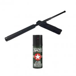 Kit format din baston telescopic Police negru, 50cm, 3 sectiuni si spray autoaparare Nato 60 ml