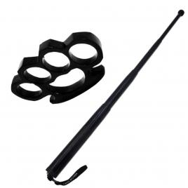 Set autoaparare baston telescopic din otel, 64 cm, 4 sectiuni, negru, husa piele si pumnal tip box, 1 cm grosime, negru