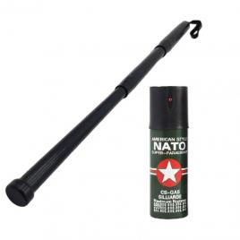 Set format din baston telescopic 50 cm, 3 sectiuni si spray autoaparare 60ml, huse de prindere la curea