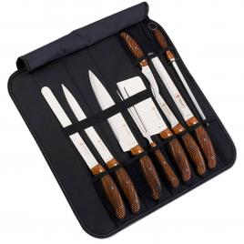 Set profesional de cutite si ustensile cu husa de transportare neagra, Royalty Line, RL-K9C, otel inoxidabil, manere maro, 10 piese