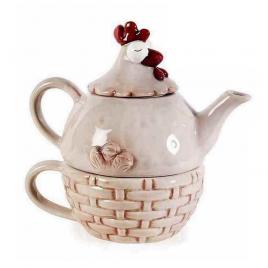 Set ceainic cu ceasca din ceramica bej model gaina 17x12x16 cm
