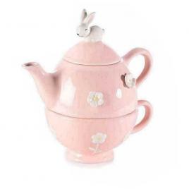 Set ceainic cu ceasca din ceramica roz model iepuras 19x12x19 cm