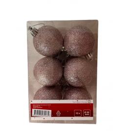 Set 12 globuri de Craciun, roz cu sclipici, 5 cm