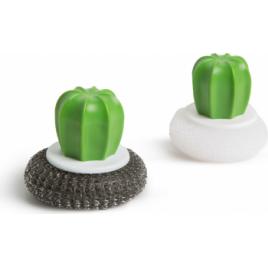 Set burete de spalat vase din fibre de otel/plastic - 2 buc. - model cactus - 8.5 x 8 cm