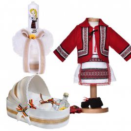 Set costum national fetita, trusou botez landou si lumanare, decor traditional,