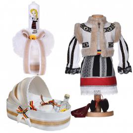 Set costum traditional fetita, trusou botez landou si lumanare, decor national,