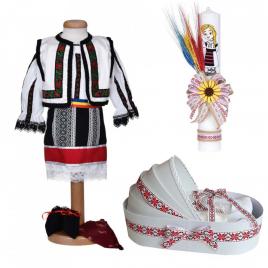 Set costum traditional fetita, trusou botez landou si lumanare, decor national,