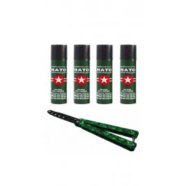 KIT Autoaparare 4 Spray-uri paralizant, lacrimogen, iritant 110 ml cu piper + Briceag Butterfly de Antrenament