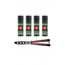 KIT Autoaparare 4 x Spray paralizant, iritant, lacrimogen 110 ml cu piper + Briceag Butterfly de Antrenament