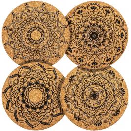 Set 4 bucati suport pahare din pluta , 4 Modele Mandala, 10 x 10 cm,  5 mm grosime