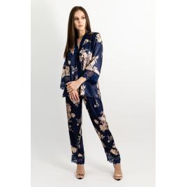 Hanna , Pijama din satin, indigo/ cu trandafiri crem sidefati