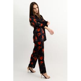 Hanna , Pijama din satin, negru/ cu trandafiri rosii