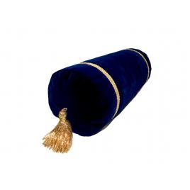 Perna decorativa cilindrica bleumarin inchis din catifea si auriu 40 cm x 18 cm Zalnok