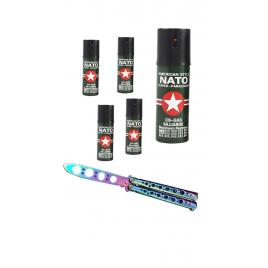 SET 5 x Spray Paralizant Lacrimogen Iritant cu piper NATO 110 ml + Briceag Balisong de Antrenament Fade