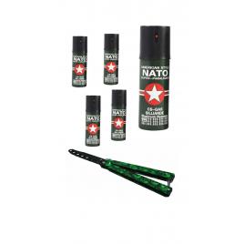 SET 5 x Spray Paralizant Lacrimogen Iritant cu piper 110 ml NATO + Briceag Fluture de Antrenament