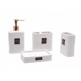 Set 4 accesorii pentru baie savoniera, dozator sapun, suport periuta, pahar, ceramica, alb
