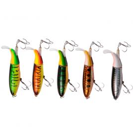 Set 5 voblere coada rotativa, whopper popper, suprafata, multicolor, 14cm, 35gr