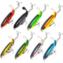 Set 8 voblere whopper popper, coada rotativa, pescuit la stiuca, clean, salau, floating, plutitor, multicolor, 10cm, 13g