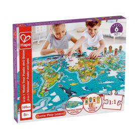 Puzzle 2 in 1 hape 100 piese - turul lumii