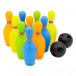 Set bowling pentru copii, lejla, 10 popice colorate, 2 bile negre