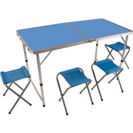 Set camping pliabil cu masa si 4 scaune din aluminiu usor, albastru