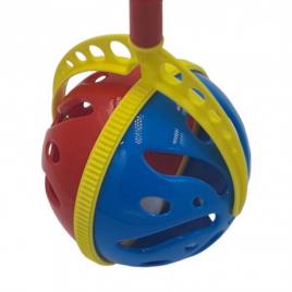 Jucarie interactiva, minge cu maner, zornaitoare, 7 x 7 x  40 cm, albastru/rosu