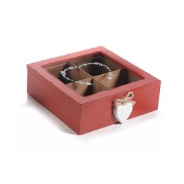 Cutie ceai lemn rosu vintage 4 compartimente 19 cm x 18 cm x 6 h