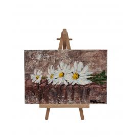 Pictura pe panza si sevalet din lemn, margarete, 18 x 12 cm