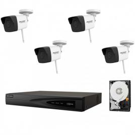 Kit 4 camere supraveghere Wi-Fi HiWatch HikVision, 2MP, IR 30m + NVR 8 canale, 4MP, H.265+, 80mbps + Surse + HDD 500GB